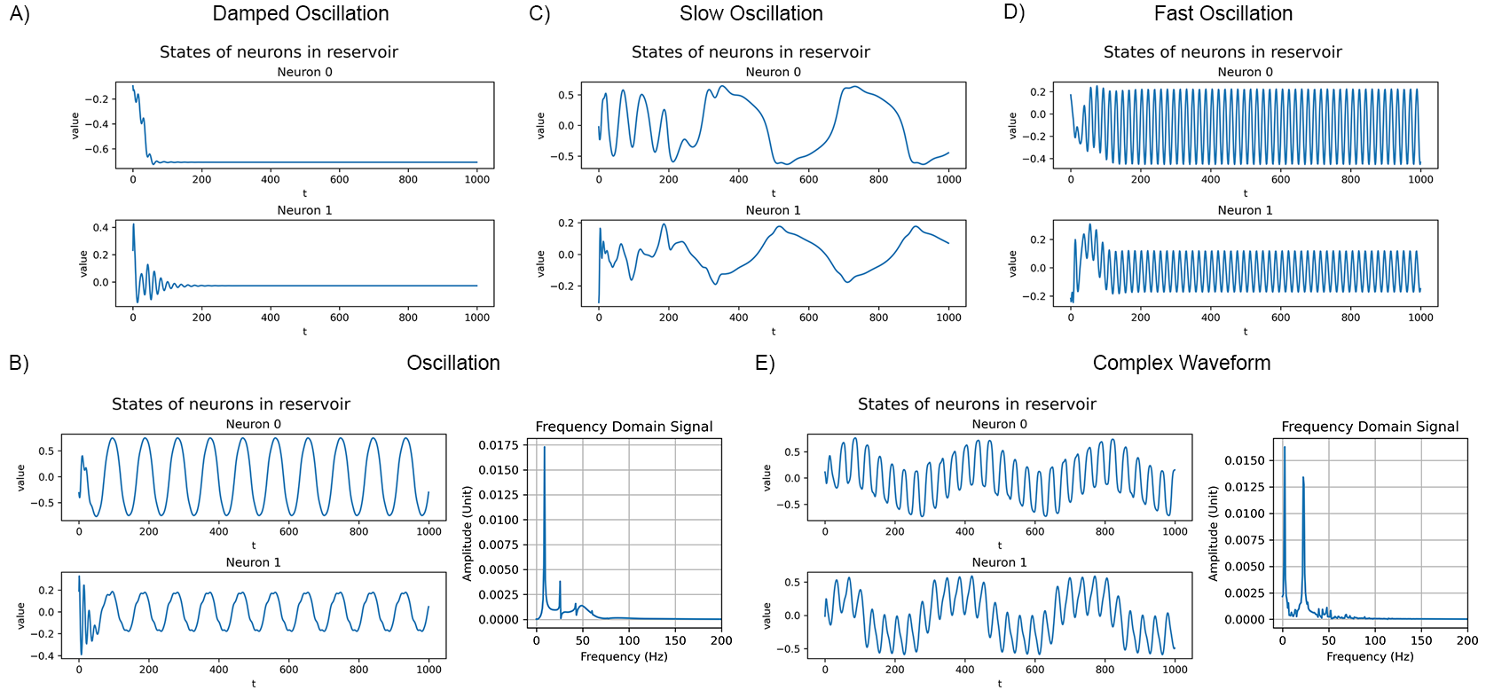 Examples of oscillations produced by the internal neurons of the self-oscillatory reservoirs